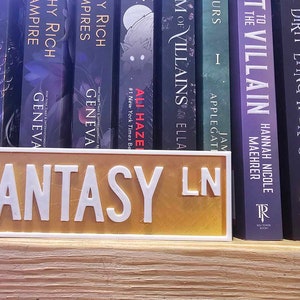 May include: A gold-colored sign with the text "FANTASY LN" in white lettering. The sign is on a wooden shelf with a row of books behind it.
