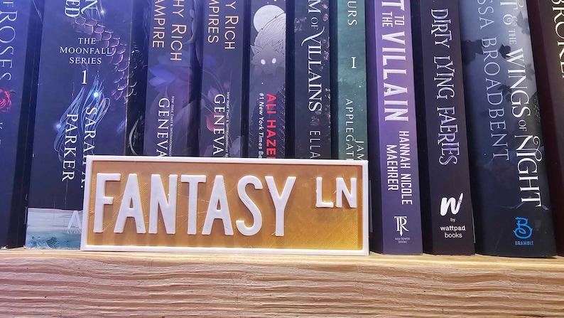 May include: A gold-colored sign with the text "FANTASY LN" in white lettering. The sign is on a wooden shelf with a row of books behind it.