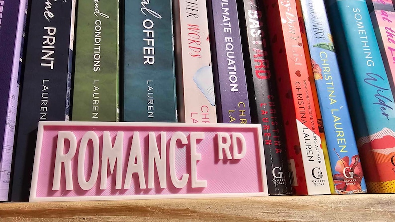 May include: A pink sign with the words "ROMANCE RD" in white lettering. The sign is on a shelf with a row of books behind it.