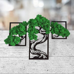 Moosbaum-Wandkunst-Set, botanische Weltkarte, Triptychon mit Moos-Akzenten, erdiges Moos, Weltkarte, Triptychon, Wanddekoration