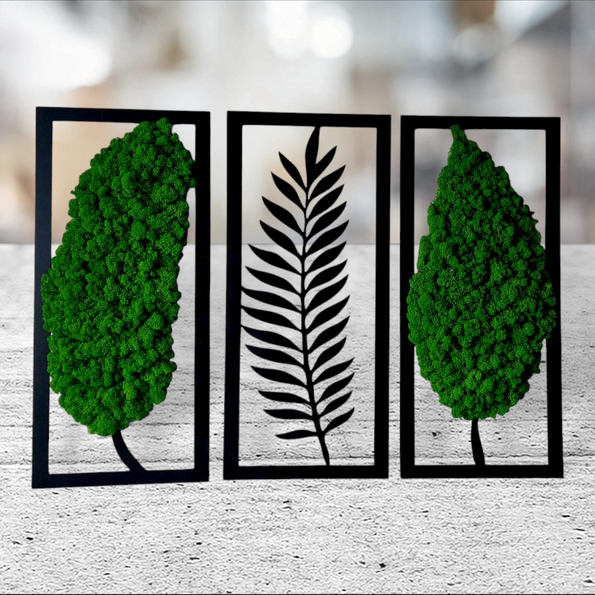 Triptych Moss 3 Parts Leaves Premium Design Room Wall Art Relaxing Picture Wood Design Preserved Reindeer Vertical Openwork Design Boho