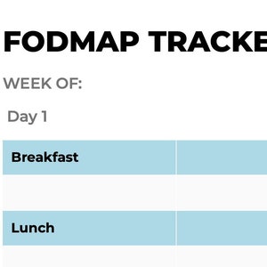 May include: A printable FODMAP tracker with the text "FODMAP TRACKER" at the top. The tracker has sections for "Week of", "Phase", "Day 1", "Breakfast", and "Lunch".