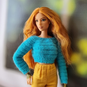 Sweater for fashion dolls 1:6 fashiondoll, crocheted, 30 cm dolls, in blue, white and gray