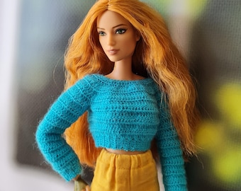 Sweater for fashion dolls 1:6 fashiondoll, crocheted, 30 cm dolls, in blue, white and gray
