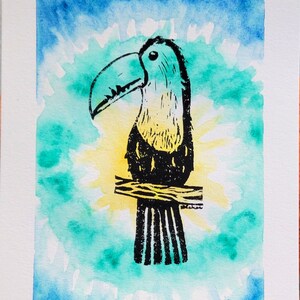 Keel-billed Toucan lino and watercolor print