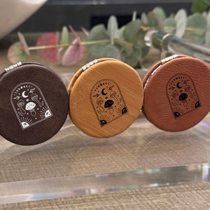 Happy Mushroom Leather Mirror, Vegan Leather Mirror, Purse Leather Mirror, Compact Mirror, Custom Personalized Leather Mirror
