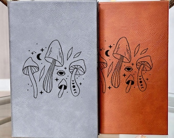 Boho Mushroom Engraved Vegan Leather Journal, Personalized Mystic Notebook