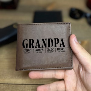 Cartera grabada de cuero del abuelo con nombres de nietos, cartera de cuero personalizada, regalo del día del padre, cartera de cuero personalizada, regalo del abuelo