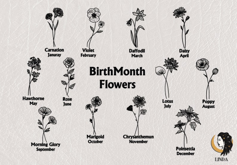 May include: A chart showing the birth month flowers for each month of the year. The flowers are illustrated in black and white. The months are listed below each flower. The text "BirthMonth Flowers" is at the top of the chart.