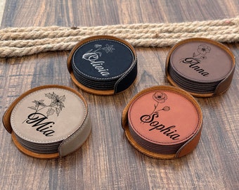 Birth Month Flower Vegan Leather Coaster Set, Personalized Engraved Coasters, Office Gift