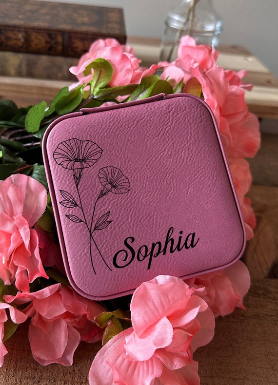 Personalized Birth Flower Vegan Leather Jewelry Travel Case