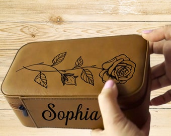 Birth Flower Jewelry Big Travel Case, Birth Month Flower Gift, Personalized Birthday Gift, Leather Jewelry Big Travel Case, Custom Name Case