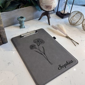 Birth Month Flower Engraved Clipboard, Monogrammed Clipboard, Custom Clipboard, Clipboard for Office, Vegan Leather Clipboard,Gift for Nurse