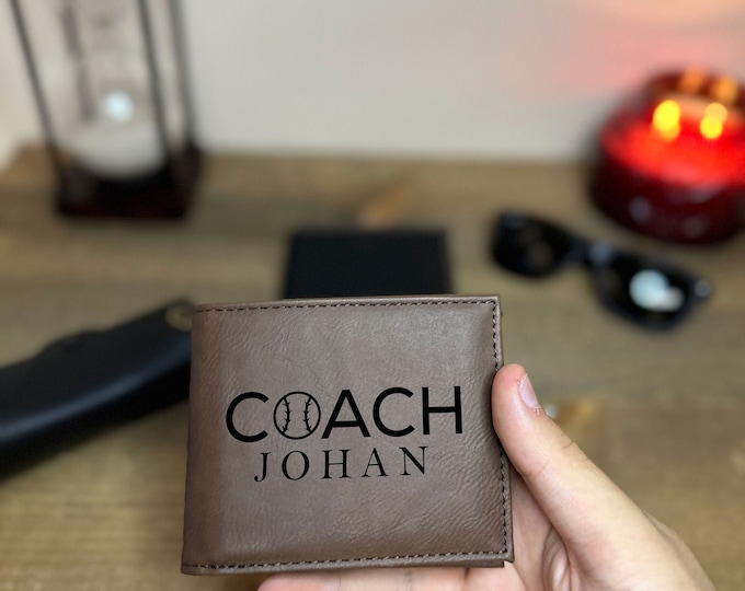 Personalized Baseball Coach Vegan Leather Wallet, Engraved Name Gift