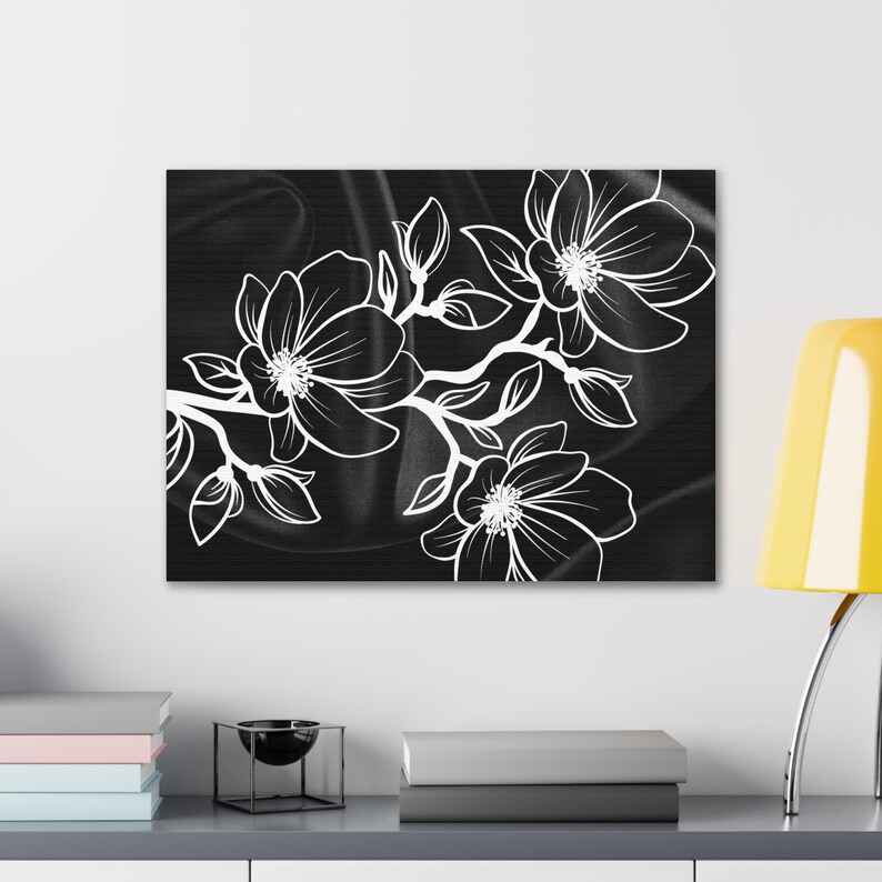 Monochrome Bloom: Contemporary Black Satin Canvas Print - Modern Floral Art, Stunning Wall Decor. image 5