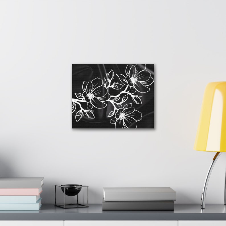 Monochrome Bloom: Contemporary Black Satin Canvas Print - Modern Floral Art, Stunning Wall Decor. image 3