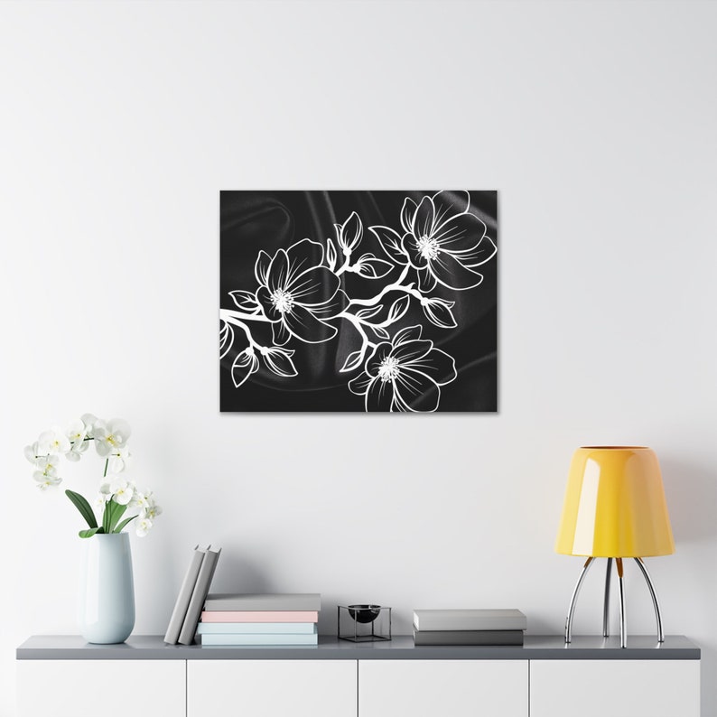 Monochrome Bloom: Contemporary Black Satin Canvas Print - Modern Floral Art, Stunning Wall Decor. image 6