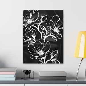 Monochrome Bloom: Contemporary Black Satin Canvas Print - Modern Floral Art, Stunning Wall Decor. image 9