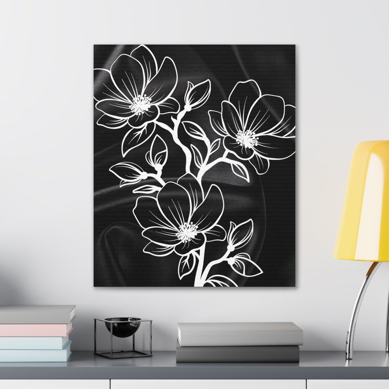 Monochrome Bloom: Contemporary Black Satin Canvas Print - Modern Floral Art, Stunning Wall Decor. image 2