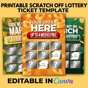 May include: Printable scratch-off lottery ticket template with a yellow, orange, and green background. The template has a section for your offer, up to 4 weeks free, and a grid of 9 squares with question marks. The text "Try Again!" is on the template. The template is editable in Canva.