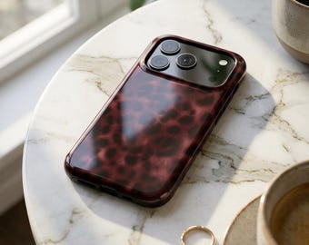 Burgundy Leopard Print Phone Case, Tough Animal Print Cover for iPhone 17 16 15 & Samsung Galaxy, Dark Red Aesthetic Gift