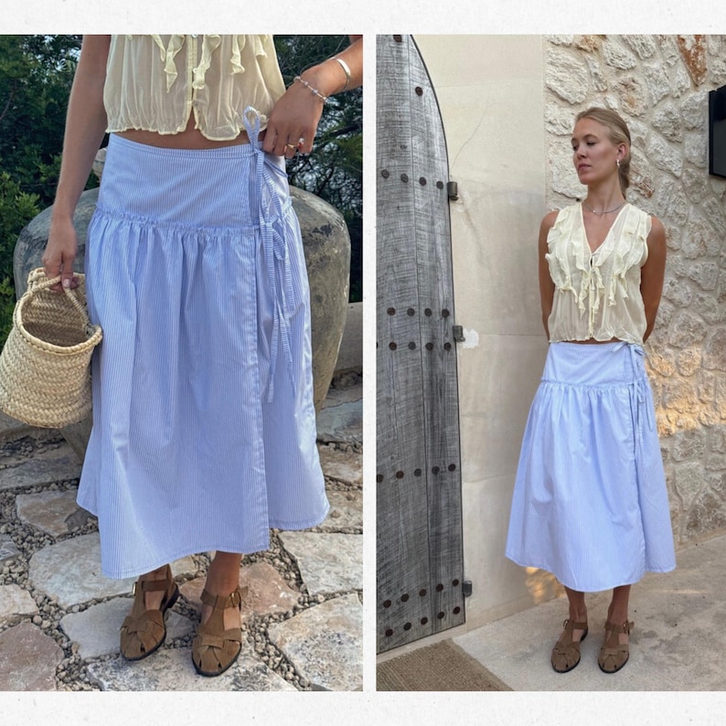 Puede incluir: Falda envolvente a rayas azules y blancas con dobladillo con volantes. La falda se combina con un top color crema y sandalias marrones. En una imagen se sostiene una cesta de paja. La falda es hasta la rodilla.