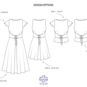 May include: A black and white technical fashion illustration titled DESIGN OPTIONS showing garment variations. It displays a long dress, a short dress, a top with a skirt, and a top only, all featuring a lace-up back detail and optional sleeves.