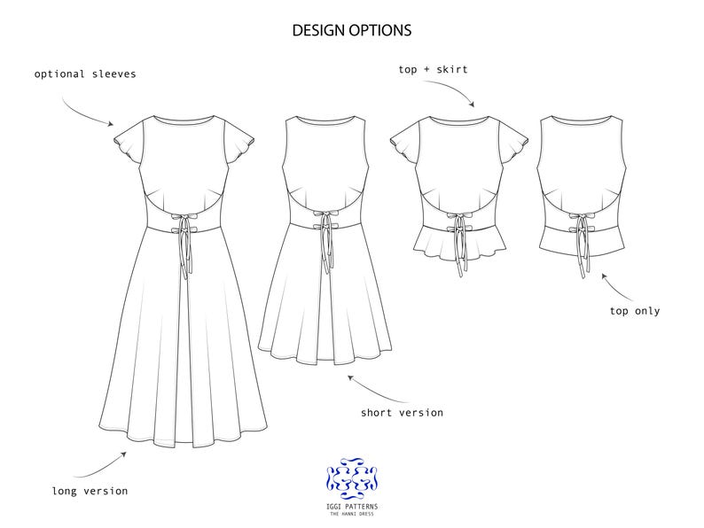 May include: A black and white technical fashion illustration titled DESIGN OPTIONS showing garment variations. It displays a long dress, a short dress, a top with a skirt, and a top only, all featuring a lace-up back detail and optional sleeves.