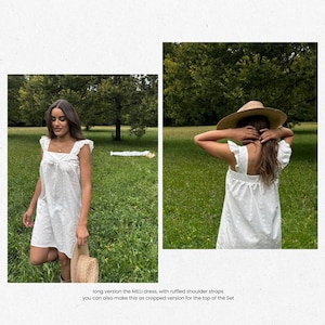 May include: White dress with ruffled shoulder straps. The dress has a square neckline and a subtle dotted pattern. A straw hat is held in one hand. The image is taken outdoors in a grassy field.