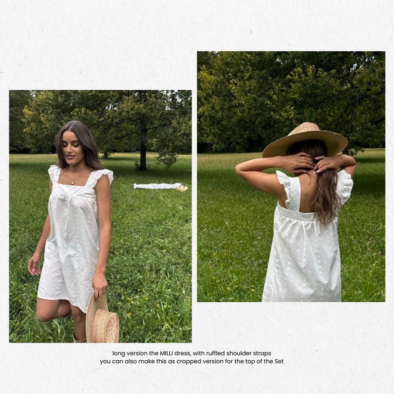 May include: White dress with ruffled shoulder straps. The dress has a square neckline and a subtle dotted pattern. A straw hat is held in one hand. The image is taken outdoors in a grassy field.