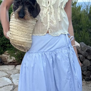 Puede incluir: Un perro peque&ntilde;o, de pelaje negro y marr&oacute;n, est&aacute; en una cesta tejida. La persona lleva un top amarillo claro con volantes y una falda envolvente a rayas azules y blancas. La escena es al aire libre.