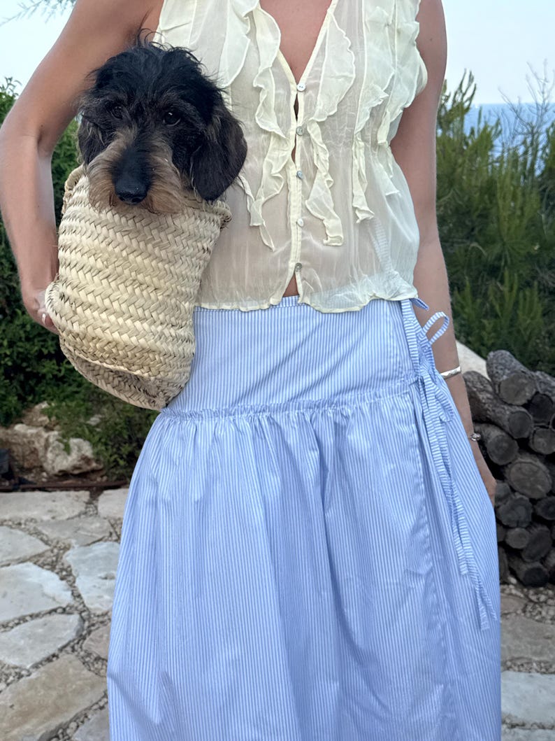 Puede incluir: Un perro peque&ntilde;o, de pelaje negro y marr&oacute;n, est&aacute; en una cesta tejida. La persona lleva un top amarillo claro con volantes y una falda envolvente a rayas azules y blancas. La escena es al aire libre.