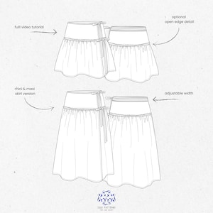 Puede incluir: Dibujo lineal de dos dise&ntilde;os de falda, una versi&oacute;n mini y maxi, con ancho ajustable y detalle de borde abierto opcional. El texto indica que hay un tutorial de v&iacute;deo completo disponible. El logotipo de IGGI PATTERNS est&aacute; en la parte inferior.
