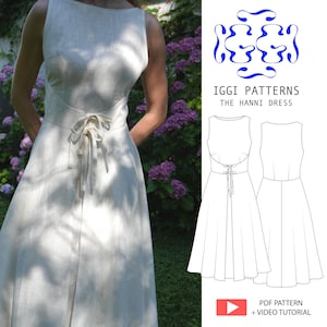 Può includere: Un abito senza maniche color bianco sporco con corpetto aderente, laccio in vita e gonna svasata. L'immagine include un disegno tecnico dell'abito Hanni di Iggi Patterns, che mostra le viste anteriore e posteriore, con il testo: PDF PATTERN + VIDEO TUTORIAL.