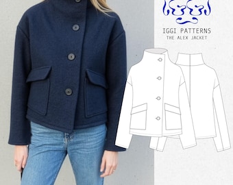 Giacca con collo alto, modello di cucito PDF per una giacca da donna, facile | Video tutorial | Giacca con collo alto, cappotto invernale, giacca di lana oversize