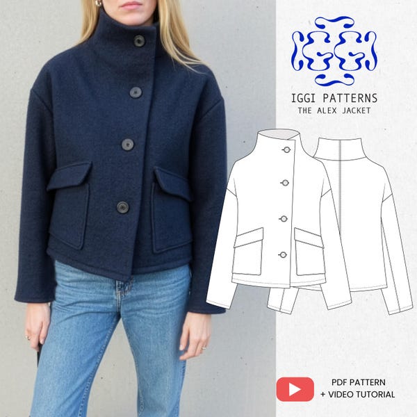 Sewing Pattern Funnel Neck, PDF Pattern | Video Tutorial |High collar Coat, women wool Jacket, beginner friendly, digital, modern