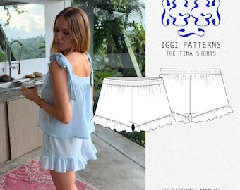 Ruffled Shorts PDF Sewing Pattern – Beginner Friendly Ruffle Hem Shorts with Elastic Waistband, Lounge & Summer Wear, and Skandi Shorts
