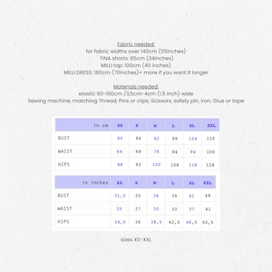 May include: A white graphic with text and a size chart for clothing. The chart includes measurements in both centimetres and inches for bust, waist, and hips, ranging from XS to XXL. The text includes fabric and material requirements.