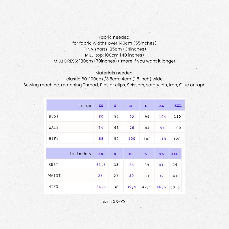 May include: A white graphic with text and a size chart for clothing. The chart includes measurements in both centimetres and inches for bust, waist, and hips, ranging from XS to XXL. The text includes fabric and material requirements.