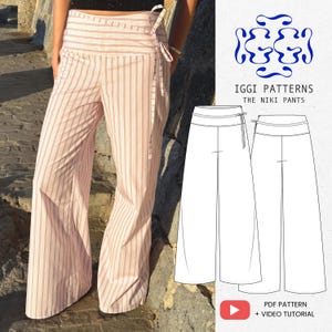Niki Pants PDF Sewing Pattern | Trendy Wide Waistband Pants | Wide Leg striped  Linen Trousers | Beginner Sewing Pattern | Video Tutorial
