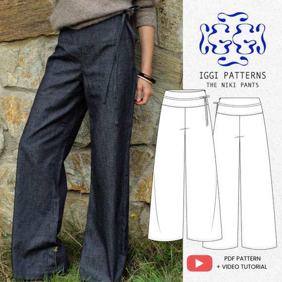 NIKI Pants, breiter Bund Hose,  PDF Schnittmuster Hose – Wide-Leg Pants mit Passe | Hose nähen für Anfänger | Nähanleitung & Video, digital
