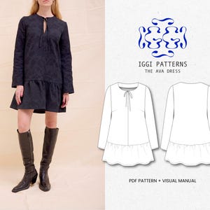 Könnte beinhalten: Ein schwarzes Kleid mit einem Schleifen-Ausschnitt und einem Rüschen-Saum. Das Kleid wird an einem Model mit schwarzen kniehohen Stiefeln gezeigt. Das Bild zeigt auch eine digitale Illustration des Kleiderschnitts mit dem Text "IGGI PATTERNS THE AVA DRESS PDF PATTERN + VISUAL MANUAL".