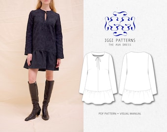 AVA Dress PDF Sewing Pattern | Women&#39;s Modern Shift Dress | A-Line ruffles mini dress | Beginner friendly | Scandi design drop waist
