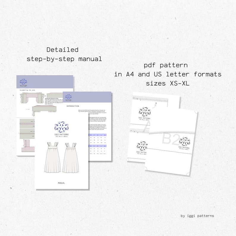 May include: A set of sewing pattern documents, including a detailed step-by-step manual and pattern sheets. The patterns are available in A4 and US letter formats, sizes XS-XL. The design features a light color palette.