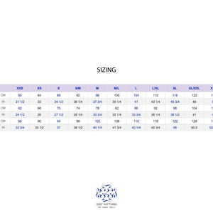 May include: A sizing chart for clothing labeled SIZING, featuring rows for Bust, Waist, and Hips with measurements in centimeters and inches. Columns range from XXS to XXL/3XL. At the bottom, a logo reads IGGI PATTERNS THE HANNI DRESS.