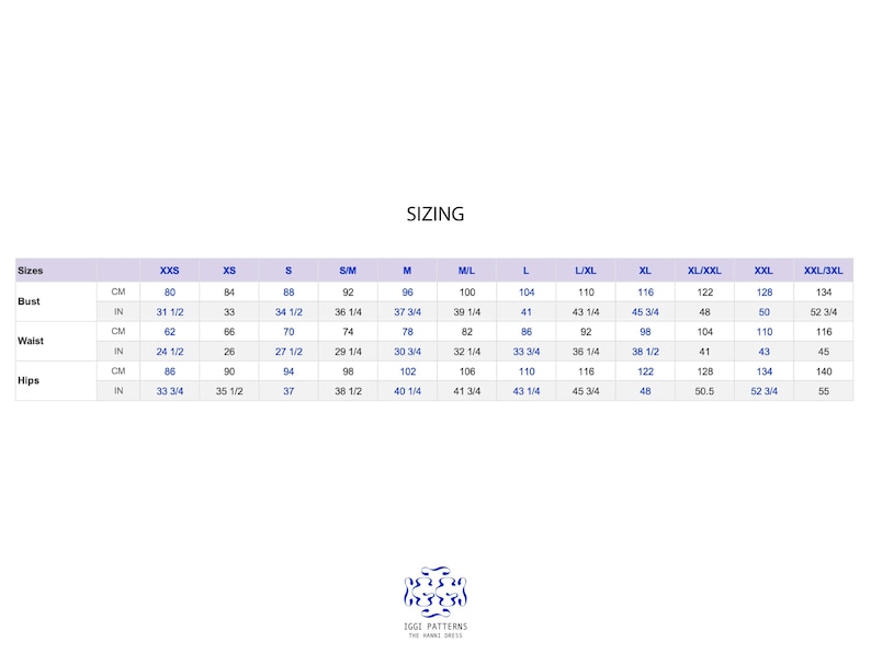 May include: A sizing chart for clothing labeled SIZING, featuring rows for Bust, Waist, and Hips with measurements in centimeters and inches. Columns range from XXS to XXL/3XL. At the bottom, a logo reads IGGI PATTERNS THE HANNI DRESS.