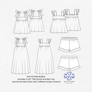 May include: A line drawing of a PDF pattern bundle showing a PJ set with shorts, a top, and a dress with two strap variations. The text "PDF PATTERN BUNDLE" and "IGGI PATTERNS THE PJ SET" are included.