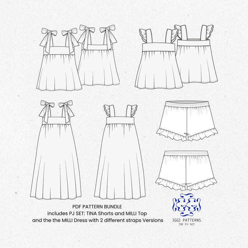May include: A line drawing of a PDF pattern bundle showing a PJ set with shorts, a top, and a dress with two strap variations. The text "PDF PATTERN BUNDLE" and "IGGI PATTERNS THE PJ SET" are included.