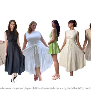 May include: A collection of eleven sleeveless dresses in various colors and patterns, including white, black, pink, and floral prints. The dresses feature diverse silhouettes, lengths, and waist-tie details. Text at the bottom lists social media handles.