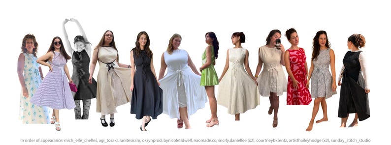 May include: A collection of eleven sleeveless dresses in various colors and patterns, including white, black, pink, and floral prints. The dresses feature diverse silhouettes, lengths, and waist-tie details. Text at the bottom lists social media handles.